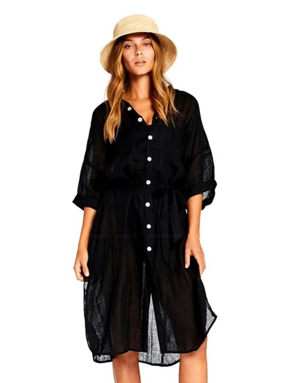 Vitamin A Black Linen Playa 3/4 Sleeve Button Down Dress Women's Size Small